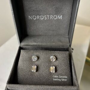Nordstrom Set of 2 Gold and Cubic‎ Zirconia stud earring. Baguette, Princess.